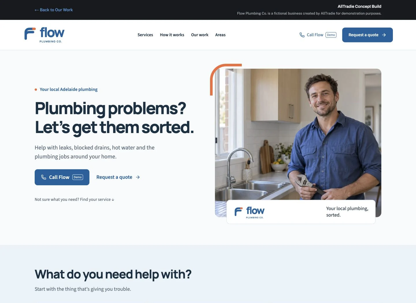 Actual Flow Plumbing Co. homepage with its bright split hero, blue branding and service introduction