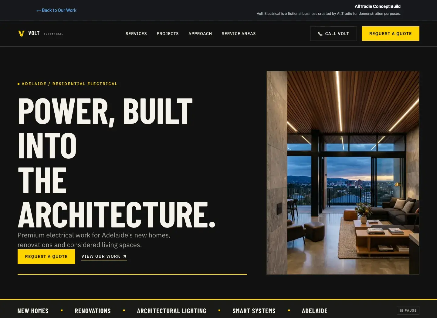Actual Volt Electrical homepage with its dark industrial header, condensed display type and a refined Adelaide interior under linear lighting