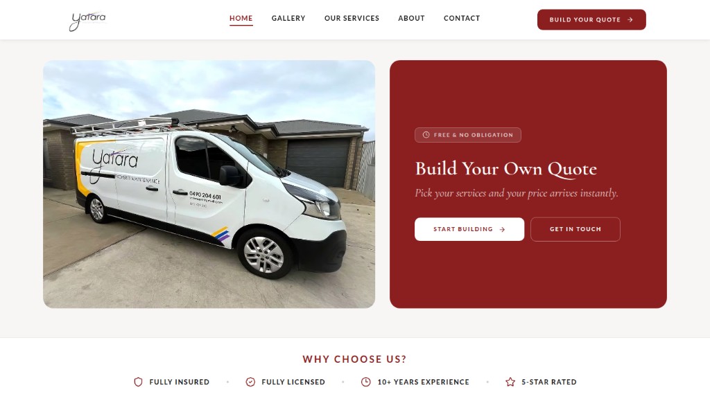 The Yatara Property Maintenance home page: the branded van in a driveway, and a panel that asks his customer to build her own quote.